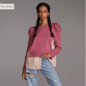 Maeve Anthropolgie Women Large Sweater Layered Tunic Sweatshirt Pink Stripe Puff